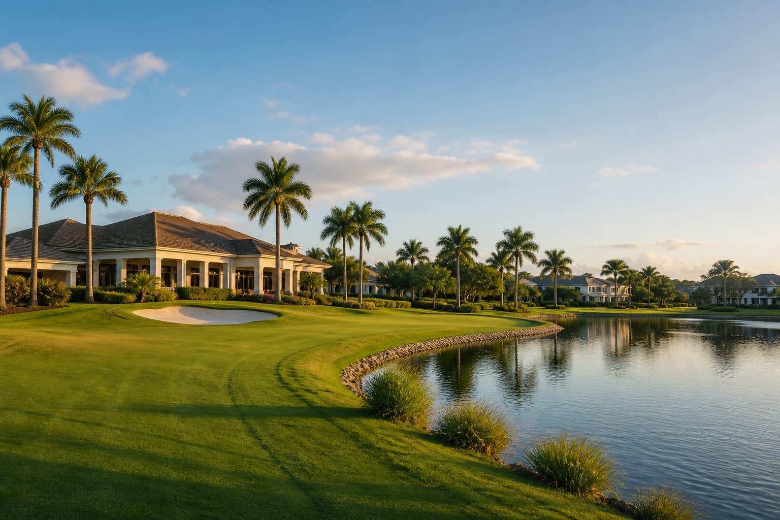 Illustrative Boca Raton residential golf setting with a lake, palms and refined club architecture