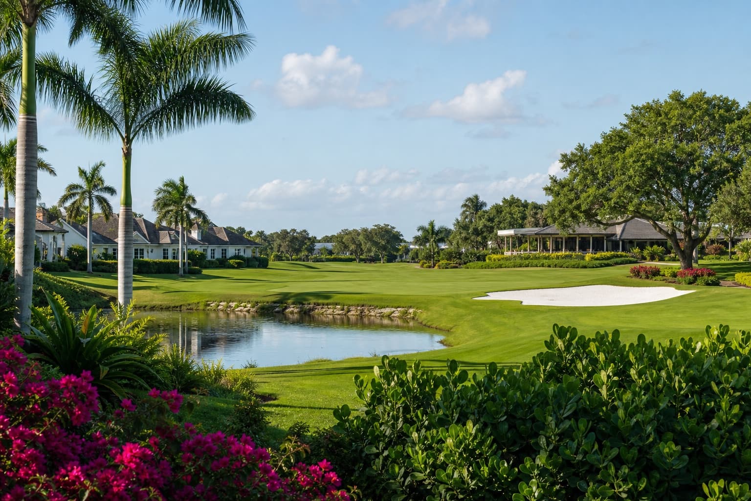 Illustrative intimate Delray-area golf community framed by tropical gardens and residences