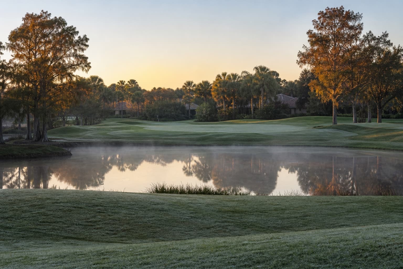 Illustrative South Florida golf pond with low morning mist, dew-covered turf and sunrise light