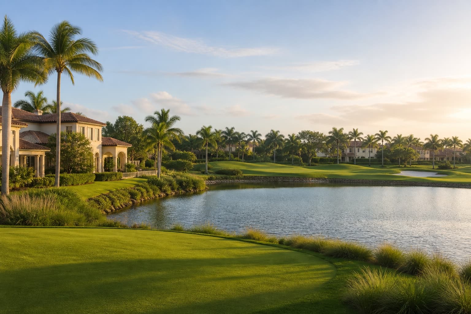 Illustrative Palm Beach Gardens residential golf setting with a lake, palms and estate homes